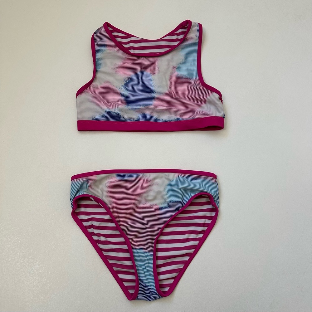 Eddie Bauer Girls size M Reversible Two Piece Bathing Suit Pink Stripes
